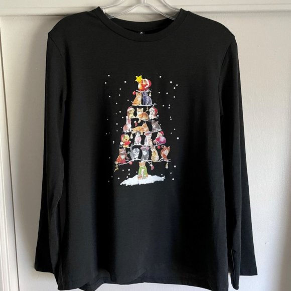 NoraCora Christmas Tree of Cats Print Top Size S Black Long Sleeve Crew Tee - Picture 4 of 7